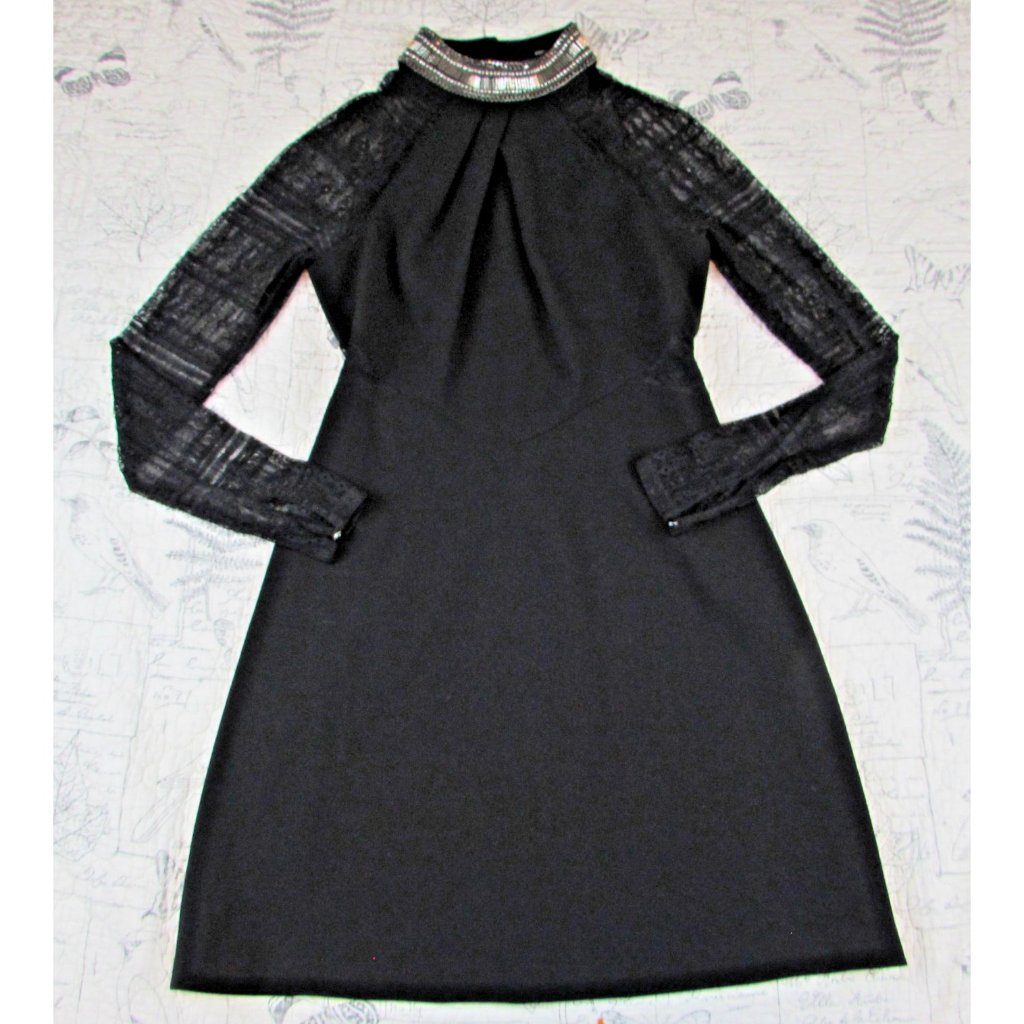 Euc Karen Millen Cocktail Dress Black Long Mesh Slv Beaded Neck Size Us 6 Uk 10